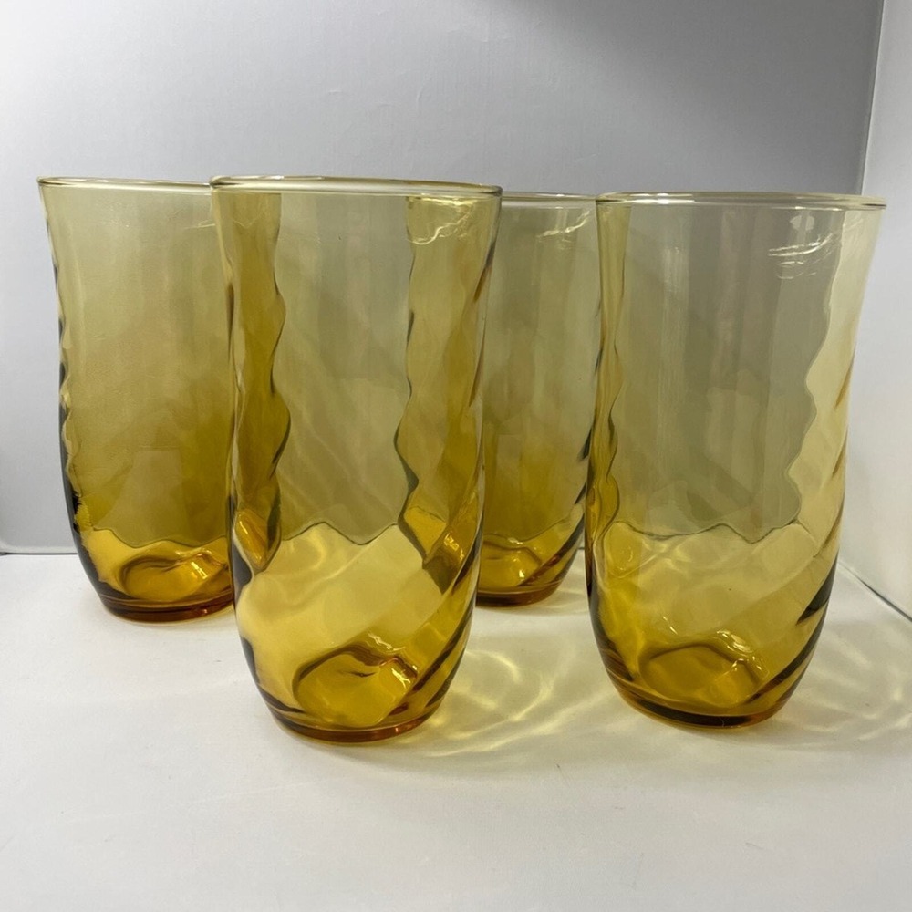 4 Vintage Libbey Amber‎ Diamond Optic Swirl Large Tumbler Glasses